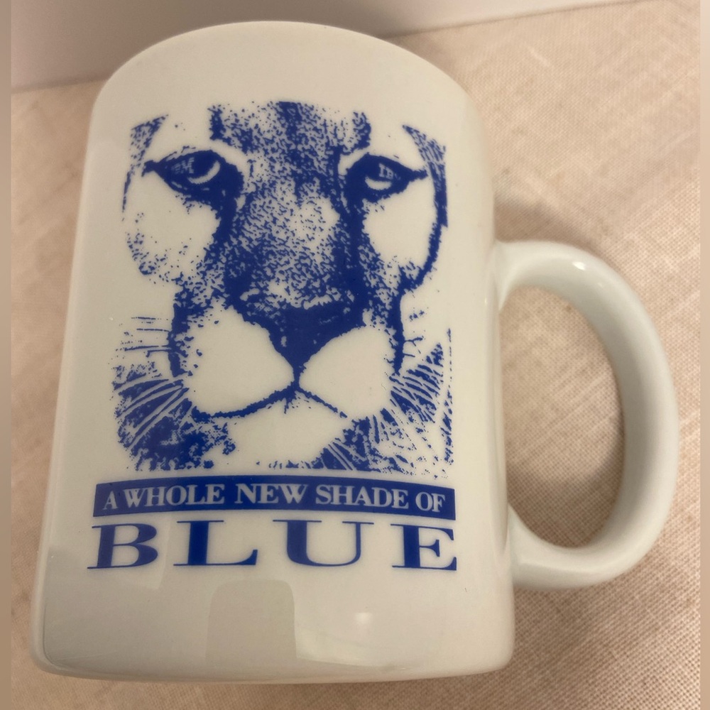 90s IBM collectible Coffee Mug with Blue Lion cat Face graphic vintage